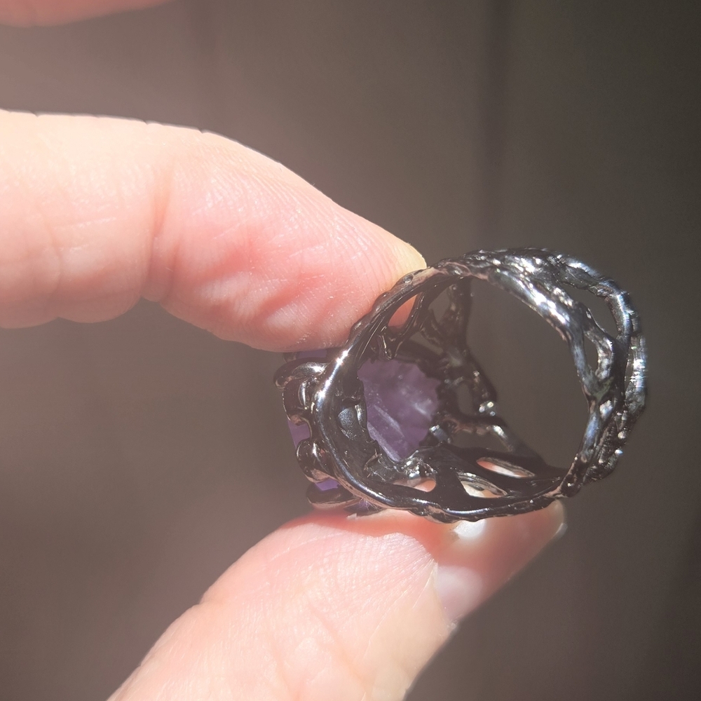Amethyst 12k leaf & Rhodalite sterling & rhodium ring sz7 - Picture 9 of 10